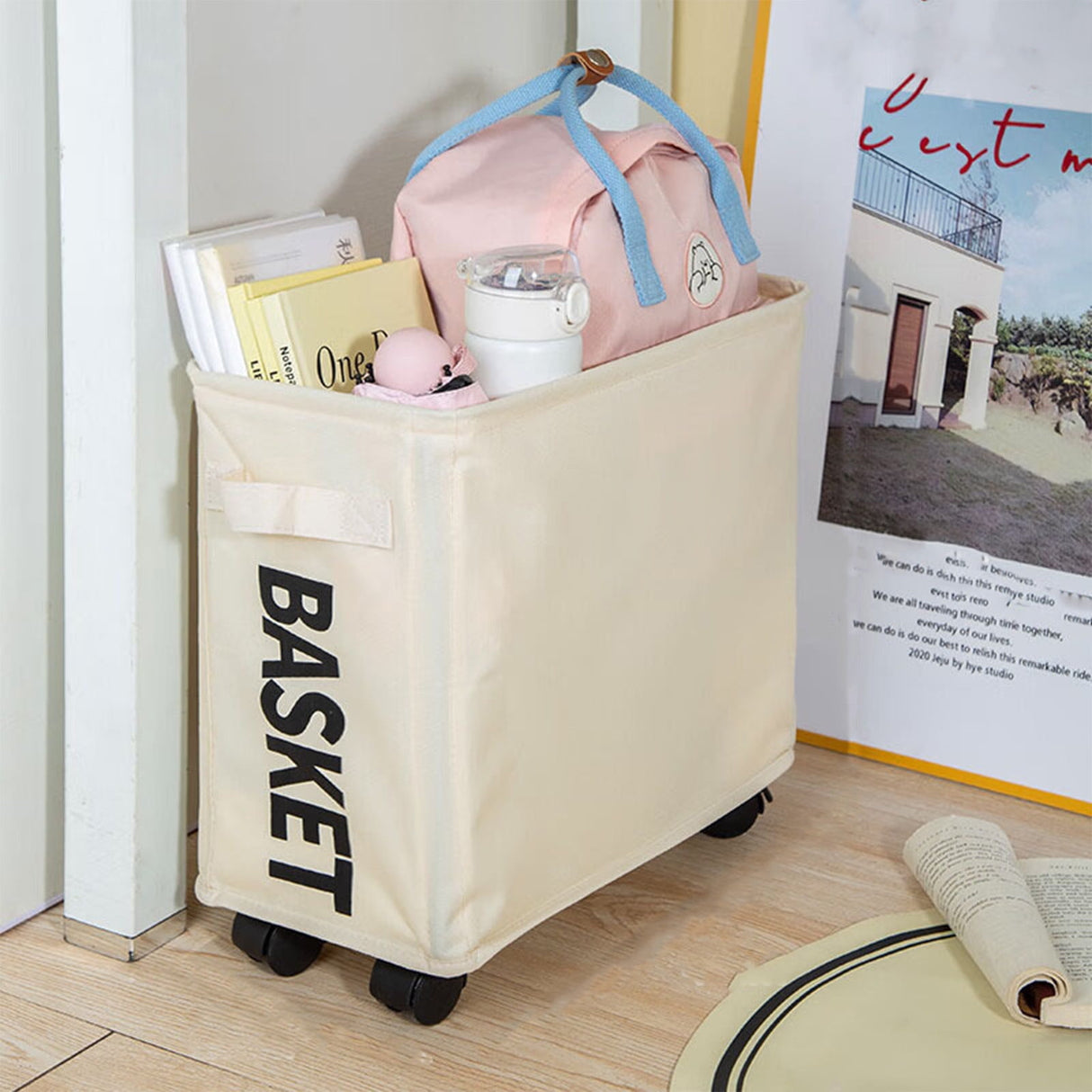 Darzheoy Laundry Baskets with Wheels and Handle, Collapsible Laundry Baskets, Clothes Laundry Basket with Removable Wash Bags for College Dorm, Rolling Laundry Hamper Beige
