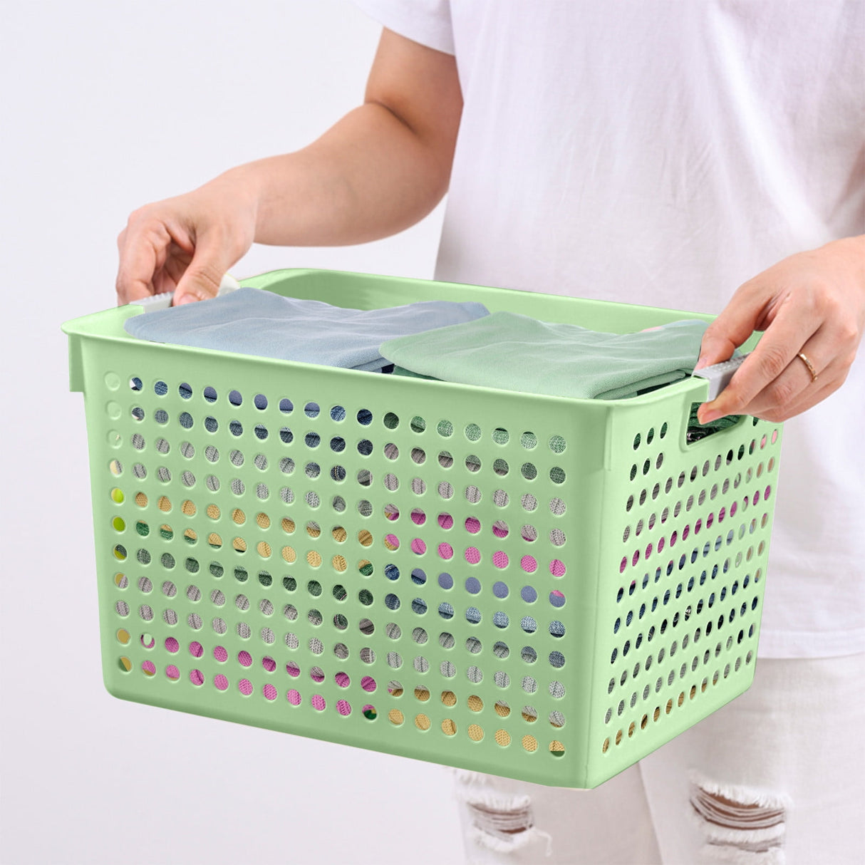 Darzheoy Laundry Basket, 2 pcs Plastic Hamper with Handles, Open Storage Bin to Organize Closets, Cabinets, Pantry, Shelving and Countertop Space, Suitable for Families and Dorms 1PC-Green