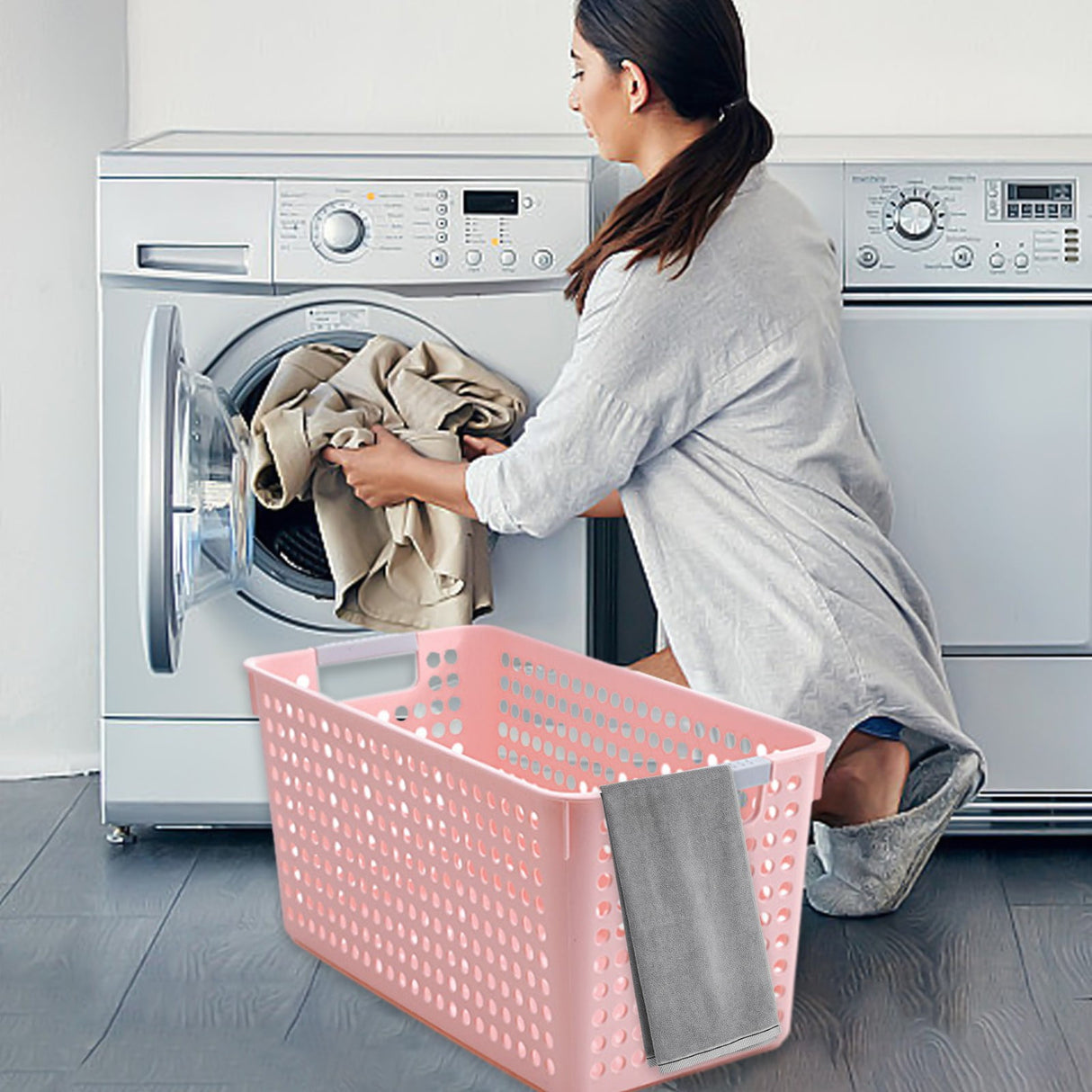 Darzheoy Laundry Basket, 2 pcs Plastic Hamper with Handles, Open Storage Bin to Organize Closets, Cabinets, Pantry, Shelving and Countertop Space, Suitable for Families and Dorms 3PC-Pink