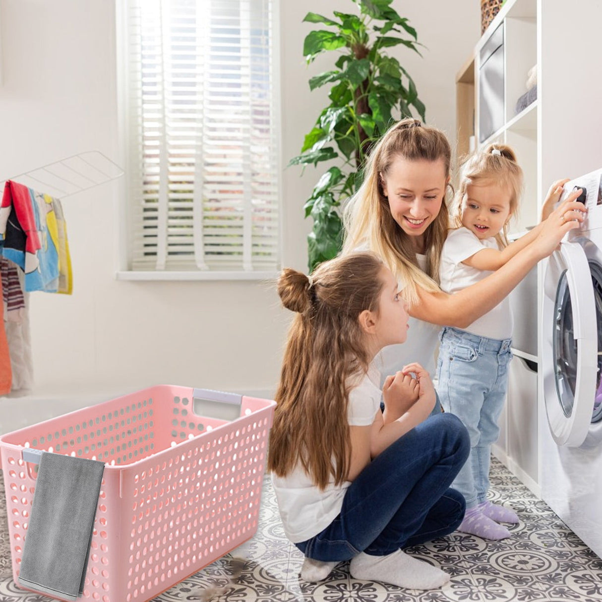 Darzheoy Laundry Basket, 2 pcs Plastic Hamper with Handles, Open Storage Bin to Organize Closets, Cabinets, Pantry, Shelving and Countertop Space, Suitable for Families and Dorms 3PC-Pink