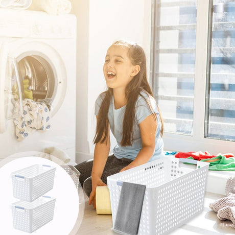 Darzheoy Laundry Basket, 2 pcs Plastic Hamper with Handles, Open Storage Bin to Organize Closets, Cabinets, Pantry, Shelving and Countertop Space, Suitable for Families and Dorms 3PC-White