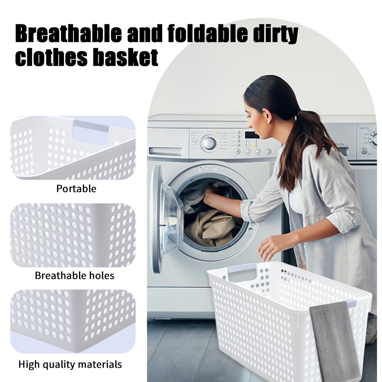 Darzheoy Laundry Basket, 2 pcs Plastic Hamper with Handles, Open Storage Bin to Organize Closets, Cabinets, Pantry, Shelving and Countertop Space, Suitable for Families and Dorms 3PC-White