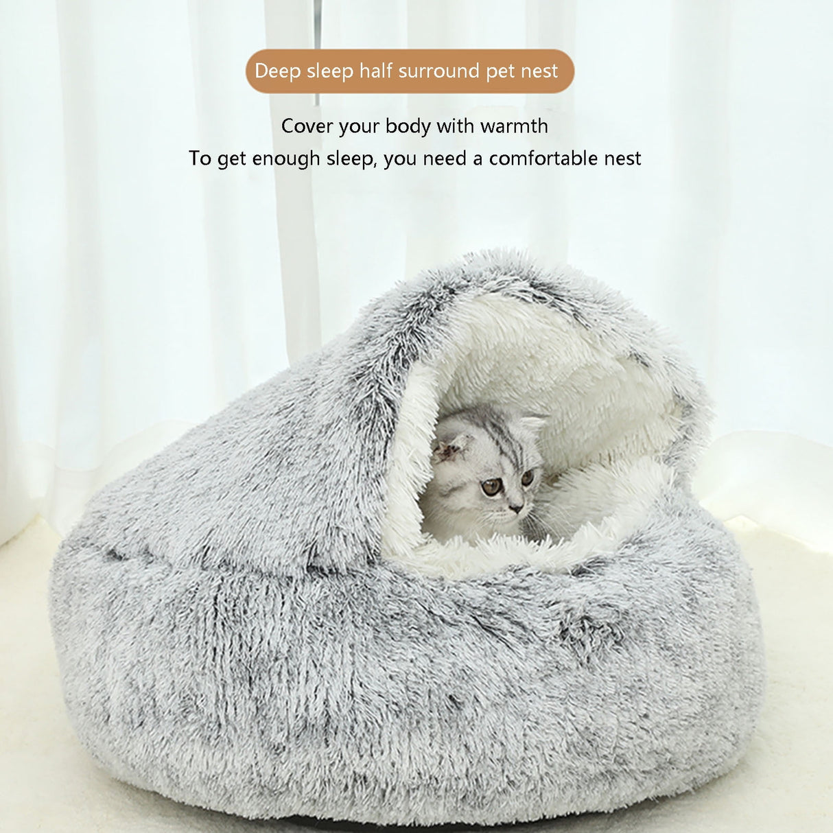 Darzheoy Calming Dog Beds & Cat Cave Bed with Hooded Cover, Removable Washable Round Beds for Small Medium Pets, Anti-Slip Plush Coved Bed for Pet (20"x20") C