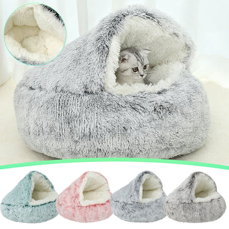 Darzheoy Calming Dog Beds & Cat Cave Bed with Hooded Cover, Removable Washable Round Beds for Small Medium Pets, Anti-Slip Plush Coved Bed for Pet (20"x20") D