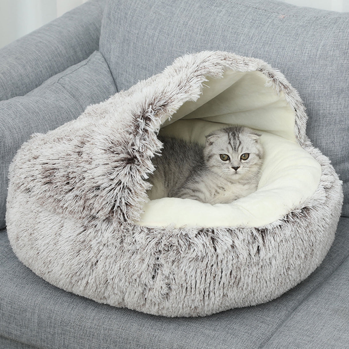Darzheoy Calming Dog Beds & Cat Cave Bed with Hooded Cover, Removable Washable Round Beds for Small Medium Pets, Anti-Slip Plush Coved Bed for Pet (20"x20") O