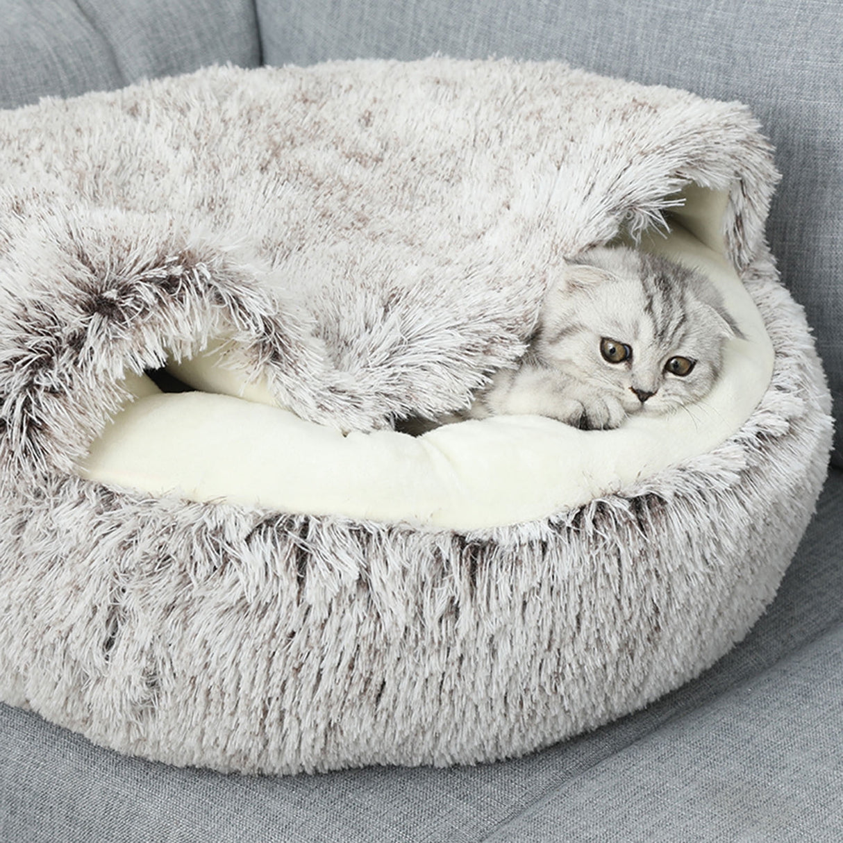 Darzheoy Calming Dog Beds & Cat Cave Bed with Hooded Cover, Removable Washable Round Beds for Small Medium Pets, Anti-Slip Plush Coved Bed for Pet (20"x20") P