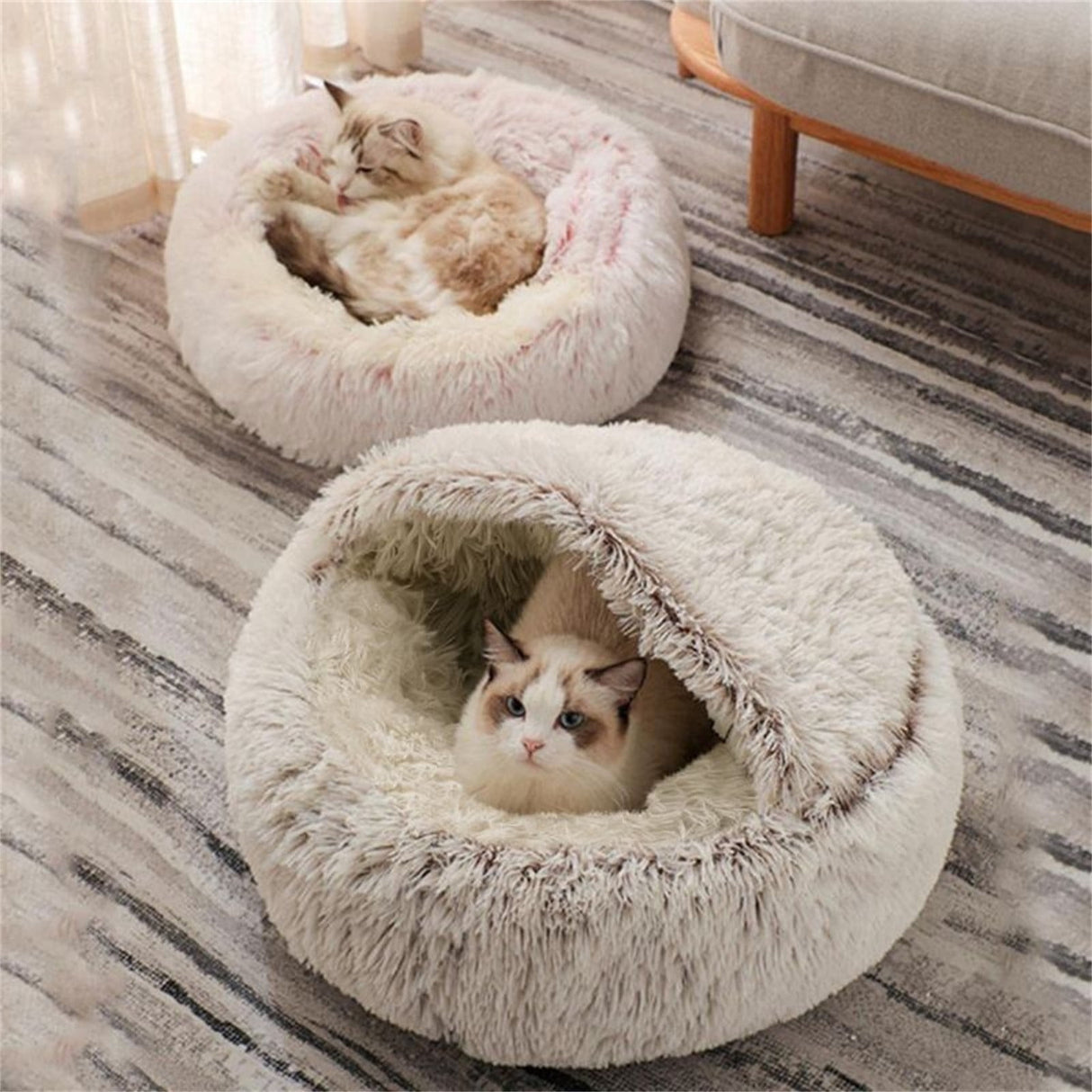 Darzheoy Cat Bed Round Plush Hooded Cat Bed Cave, for Indoor Cats or Small Dog Beds, Calming Pet Beds Calm Anti-nxiety Dog Bed, Waterproof Bottom Washable (16"x16") Purple