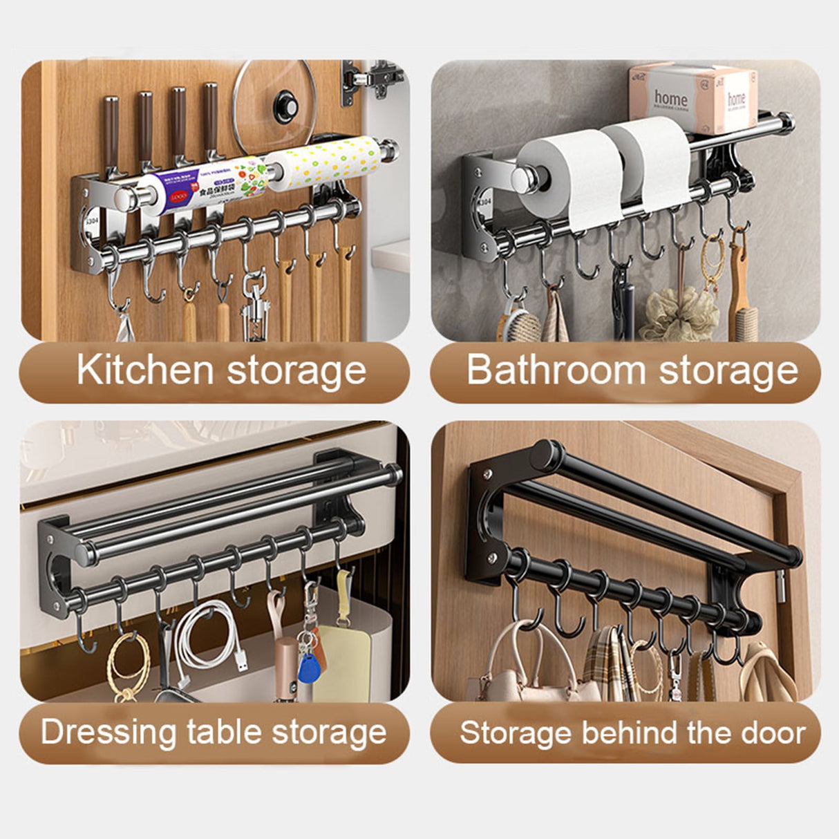 Kdkad Kitchen Organization and Storage Rack, Wall Mounted Pots and Pans Rack, Stainless Steel Metal Wall Shelf with Hooks for Hanging Pots and Pans for Kitchen Bathroom Bedroom Pantry 40 * 9 * 9cm/15.75 * 3.54 * 3.54inch S_ilver