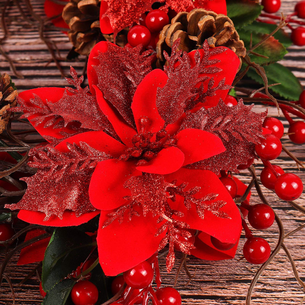 10 Pcs Christmas Glitter Artificial Poinsettia Flowers 6inch Christmas Wreath Christmas Tree Flowers Ornaments Holiday