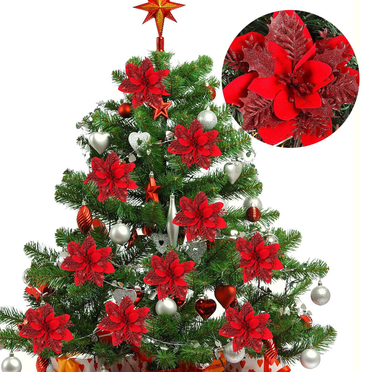 10 Pcs Christmas Glitter Artificial Poinsettia Flowers 6inch Christmas Wreath Christmas Tree Flowers Ornaments Holiday