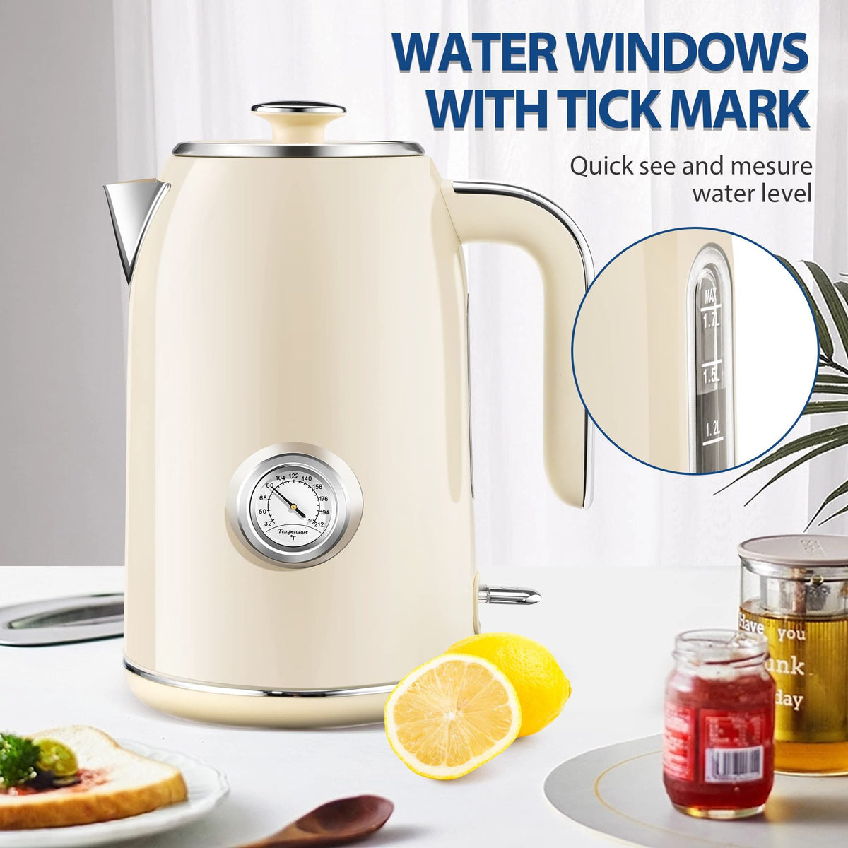 Electric Kettle, 1.7L Stainless Steel Tea Kettle with Temperature Gauge, Water Boiler with LED Light, BPA-Free, Auto Shut-Off