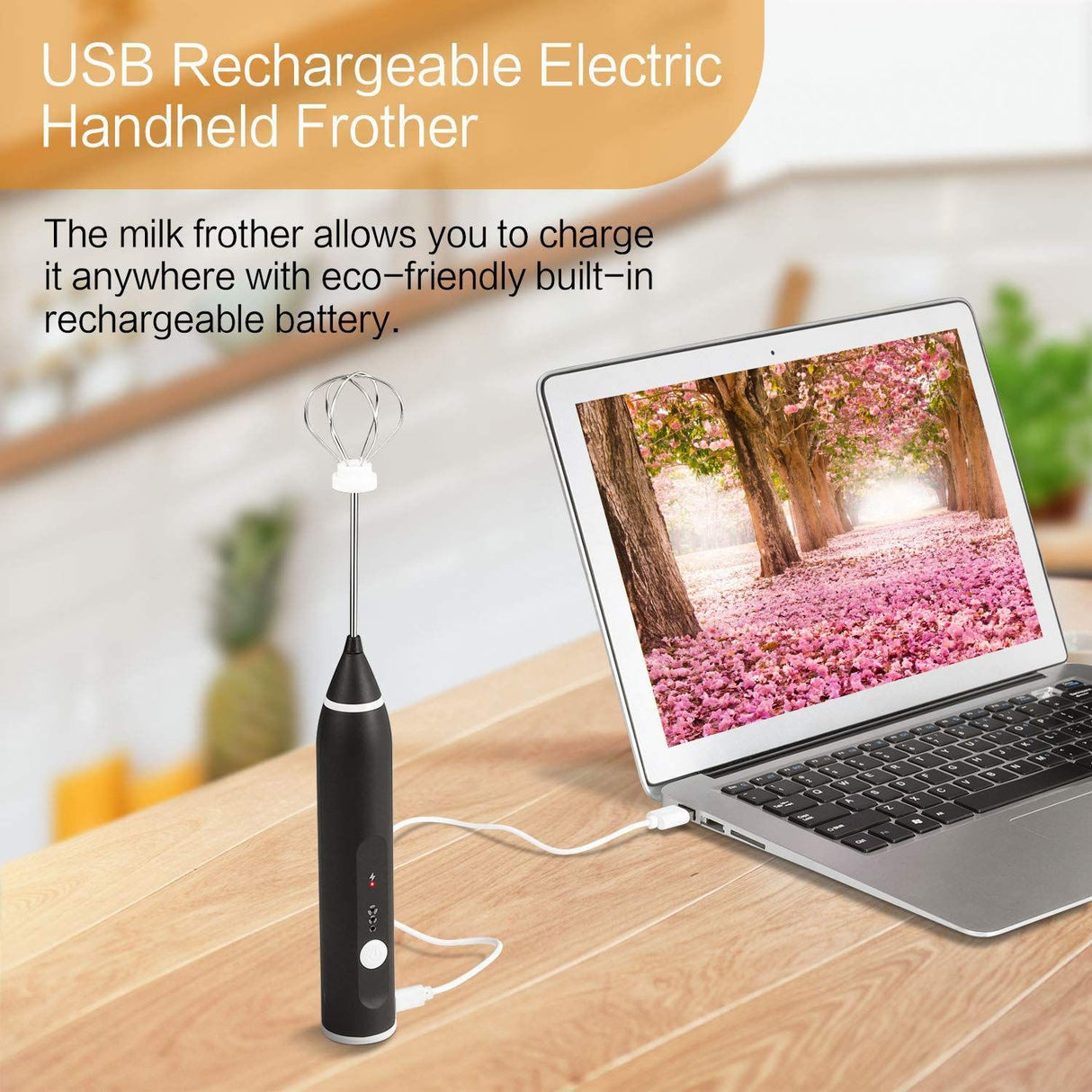 USB Rechargeable Milk Frother Handheld Multi-functional Electric Foam Maker with 2 Stainless Whisks,3-Speed Adjustable Mini