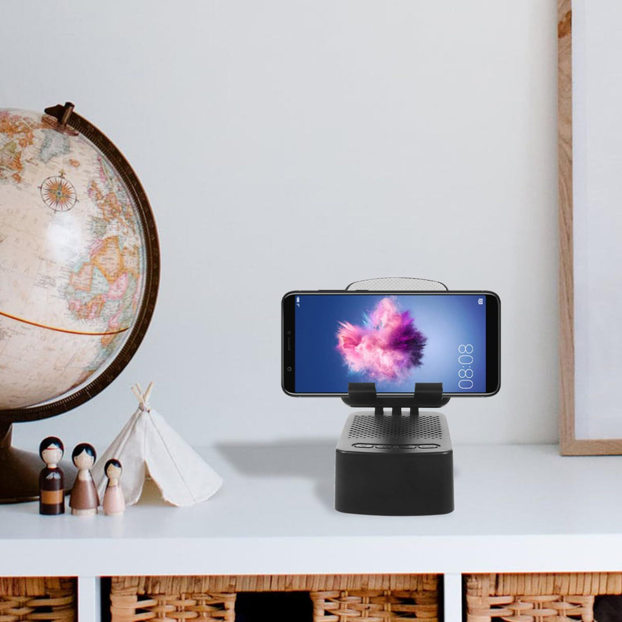 Mobile phone holder with wireless speaker, telescopic desktop phone holder, speaker black, portable, charging, watching TV shows