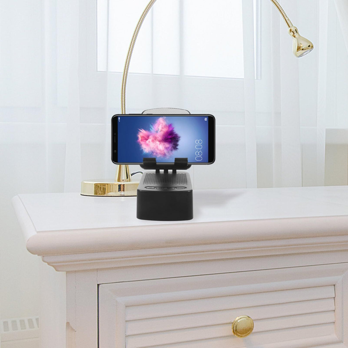Mobile phone holder with wireless speaker, telescopic desktop phone holder, speaker black, portable, charging, watching TV shows