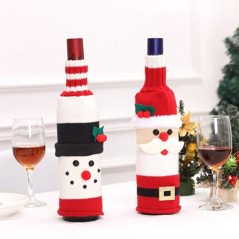 Christmas Wine Bottle Cover,Santa Claus Wine Bottle Toppers Handmade Wine Bottle Sweater Christmas Wine Bottle Decoration（2pcs）