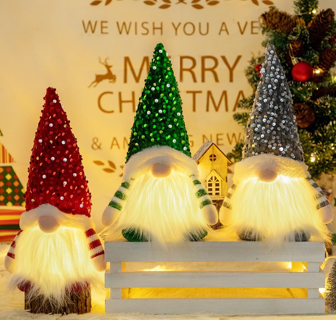 Lighted Christmas Gnome, Handmade Sequins Hat  , Light Up Plush Elf Toy Holiday Present, Battery Operated Winter Tabletop Christmas Decorations,3 pcs(red,gray,green)Single size 30 * 16cm