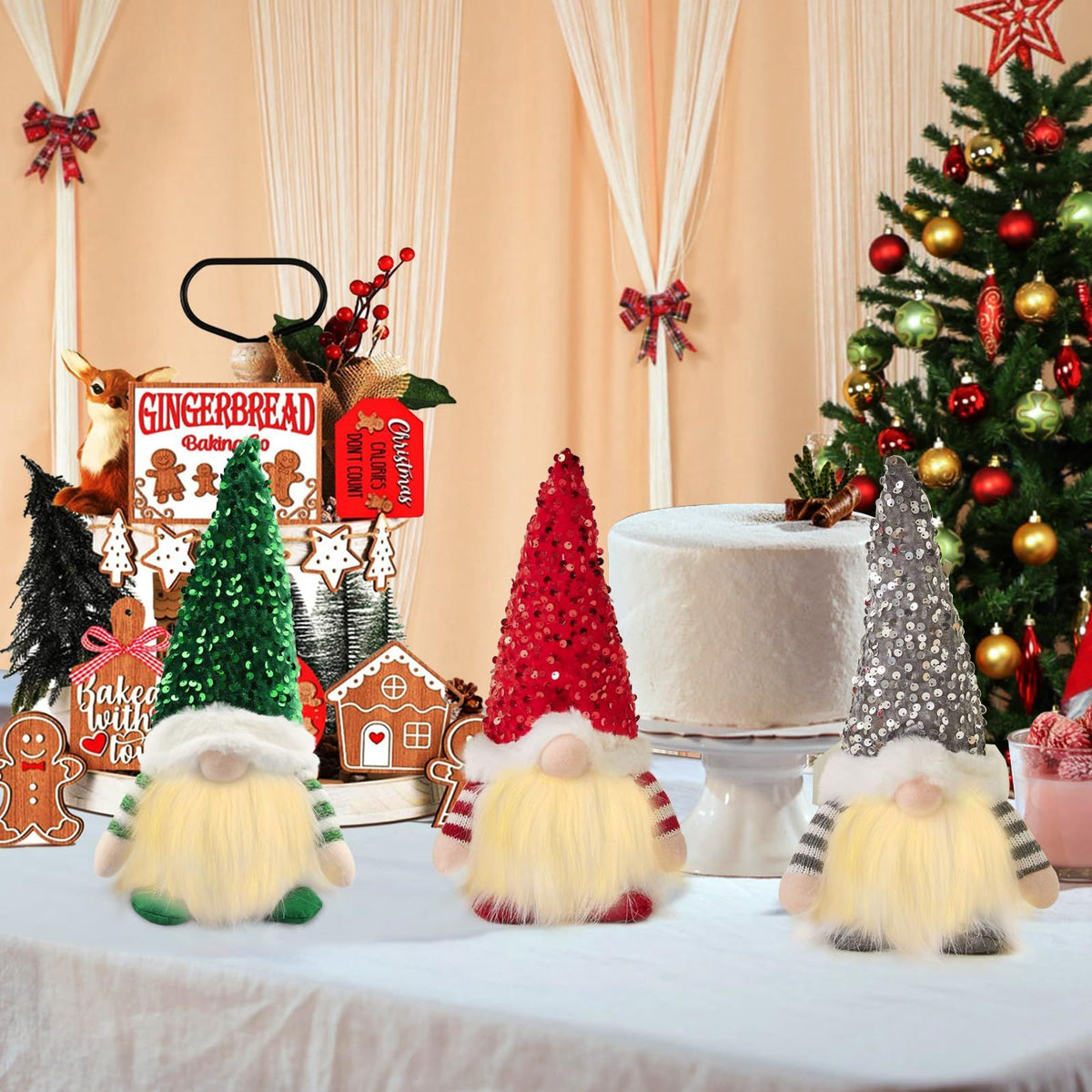 Lighted Christmas Gnome, Handmade Sequins Hat  , Light Up Plush Elf Toy Holiday Present, Battery Operated Winter Tabletop Christmas Decorations,3 pcs(red,gray,green)Single size 30 * 16cm