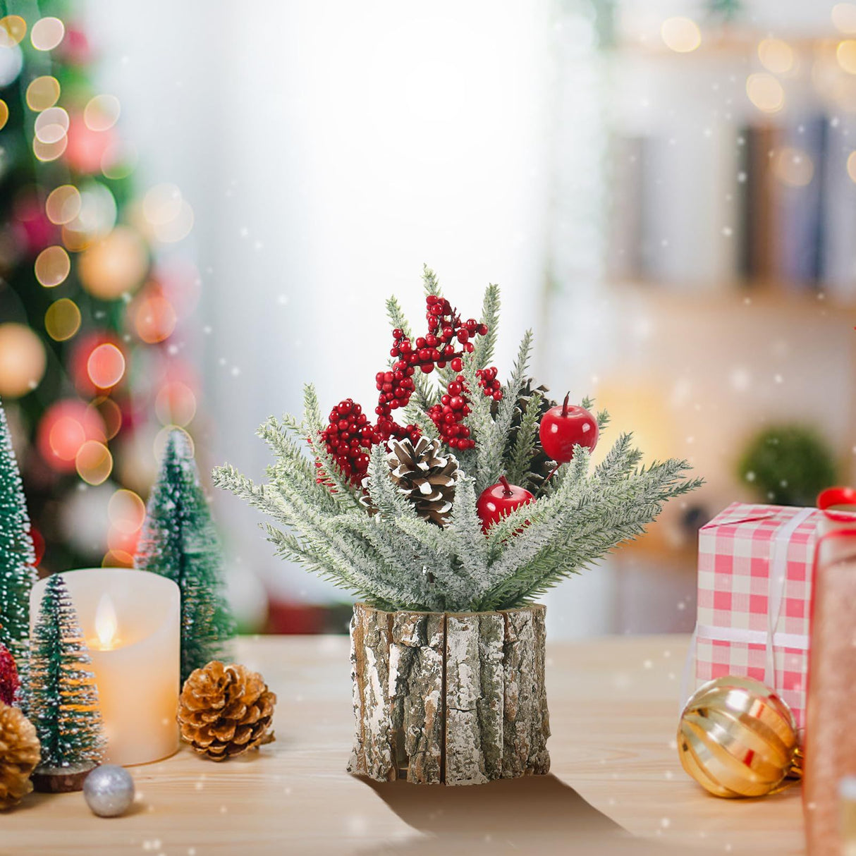 Christmas Decorations Indoor, Christmas Centerpiece Table Decorations, Small Artificial Tabletop/Desk Christmas Tree with Xmas Ornaments Pinecone Berry for Home Farmhouse  Décor (35*10cm)