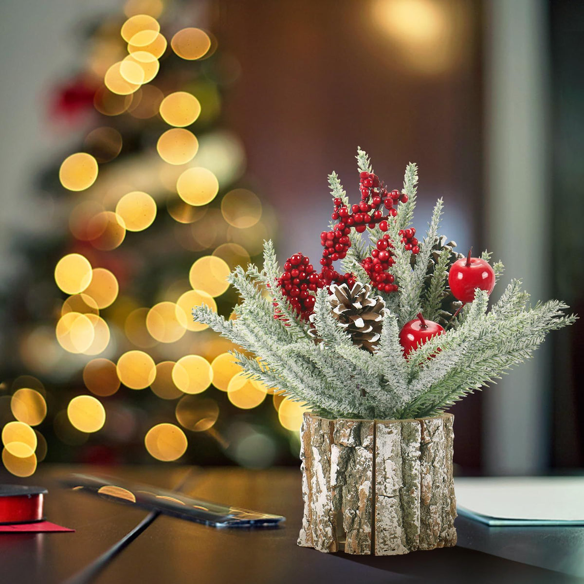 Christmas Decorations Indoor, Christmas Centerpiece Table Decorations, Small Artificial Tabletop/Desk Christmas Tree with Xmas Ornaments Pinecone Berry for Home Farmhouse  Décor (35*10cm)