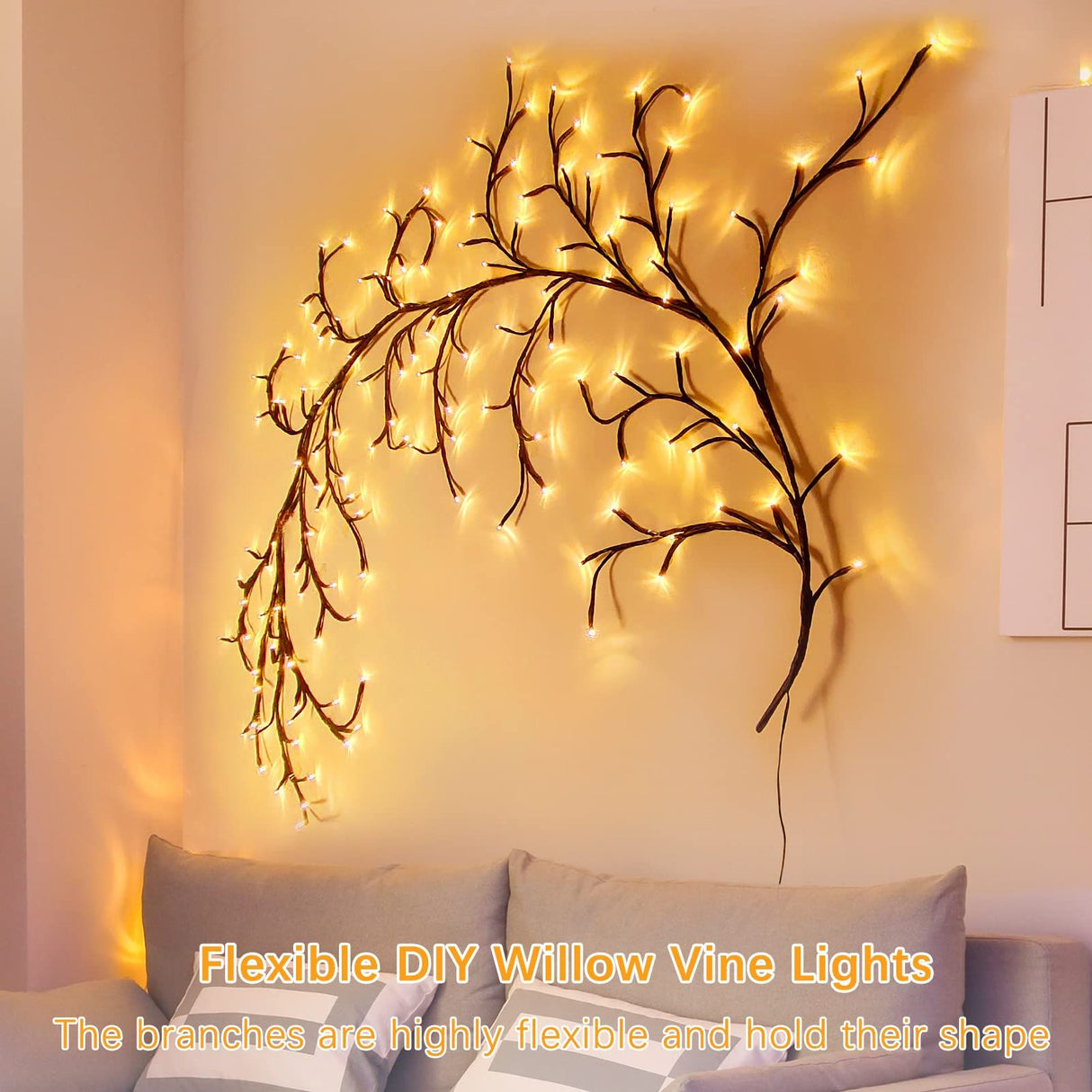 Enchanted Willow Vine Lights for Wall:Twinkling Tree Branch Light for Living Room and Bedroom Home Decor-Warm White Twinkle Tree Lights Lighted（1.8 meters long, 96 lights）