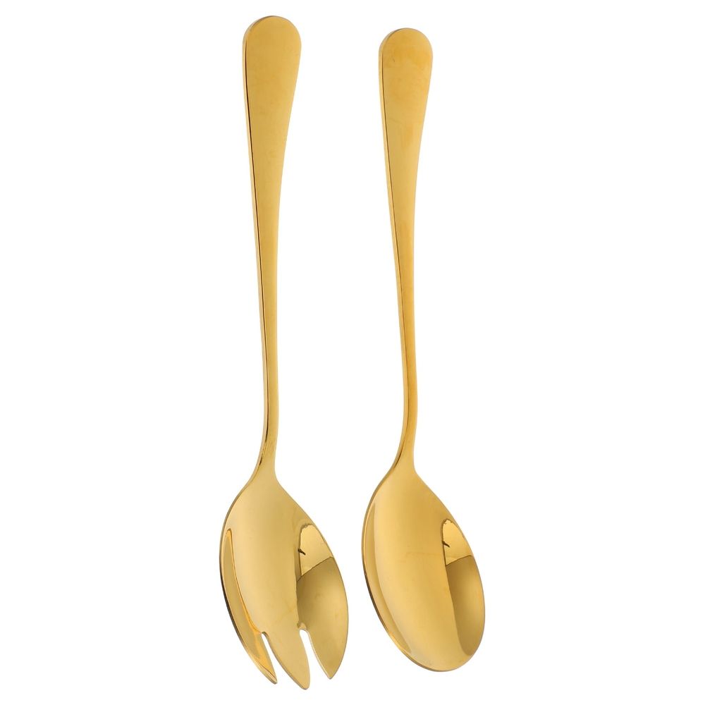 1Set Golden Stainless Steel Salad Serving Set Ergonomic Spoon and Fork for Daily Use