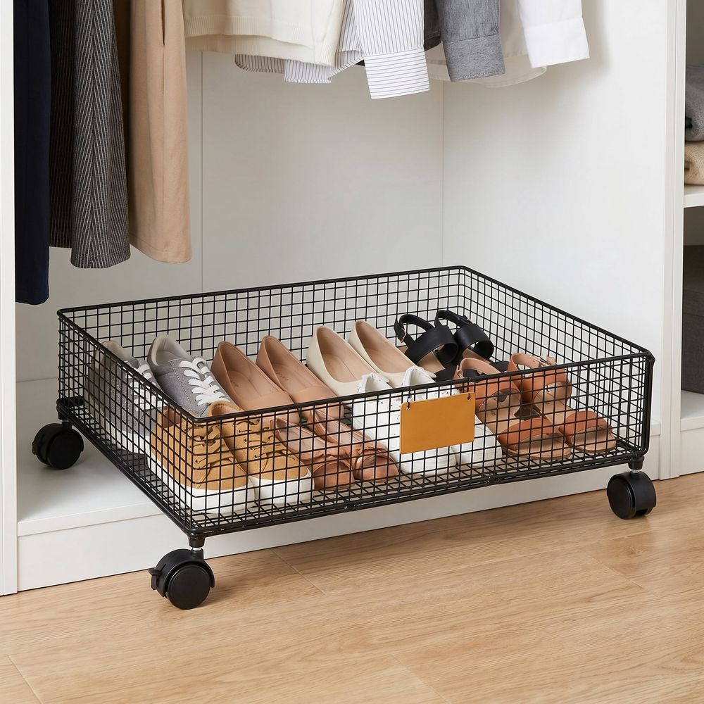 Storage for Under Bed Black Metal Rolling Container with Stackable Multilayer Design