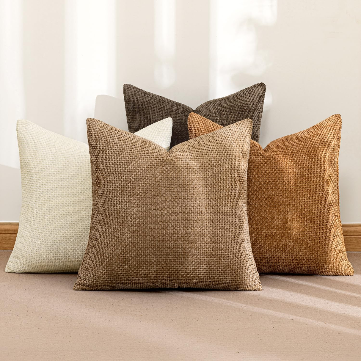 Pack of 4 Brown Couch Throw Pillow Covers 18x18 Inch Soft Decorative Chenille Pillows Farmhouse Accent Cushions for Boho Home Decor Spring Sofa Bedroom Living Room(Excluding pillow insert)