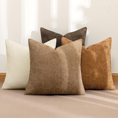 Pack of 4 Brown Couch Throw Pillow Covers 18x18 Inch Soft Decorative Chenille Pillows Farmhouse Accent Cushions for Boho Home Decor Spring Sofa Bedroom Living Room(Excluding pillow insert)