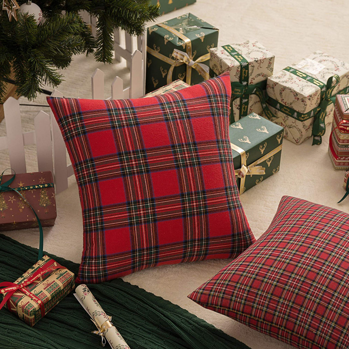 Pack of 2 Christmas Plaid Decorative Throw Pillow Covers Scottish Tartan Cushion Case for Farmhouse Home Holiday Decor Red, 18 x 18 Inches
