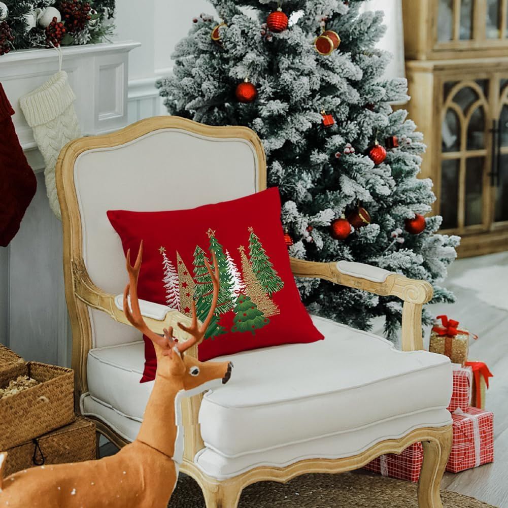 Christmas Pillow Covers 18x18 Inch Set of 2 Xmas Tree Decorative Red Throw Pillows Winter Christmas Decor for Home Couch