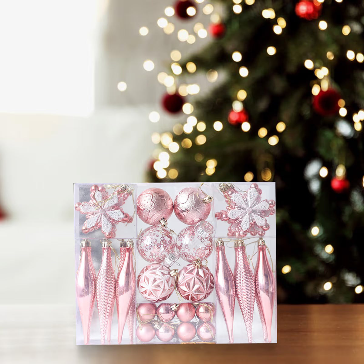 Mini Pink Christmas Ornaments Set,40 Pcs Small Christmas Tree Ornaments Decorations,Shatterproof Clear Plastic Ball Ornament for Christmas Tree for Xmas,Valentine,Thanksgiving,New Year