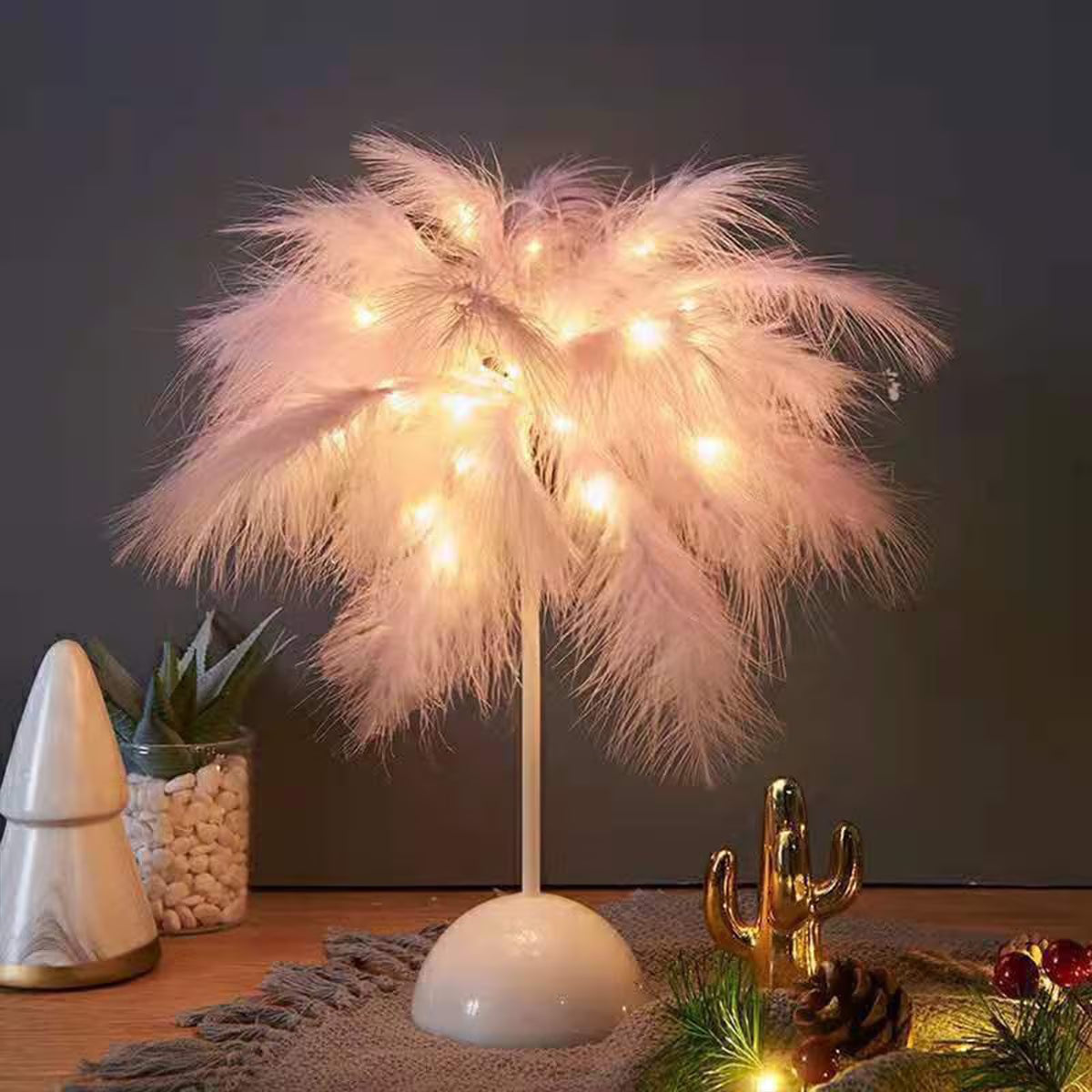 Feather Table Lamp, Ostrich Feather Table Night Light Feather Lamp Bedside Table Lamp Desk Lamp Feather LED Night Lamp Atmosphere Light Nightstand Lamp for Living Room Wedding Room Bedroom