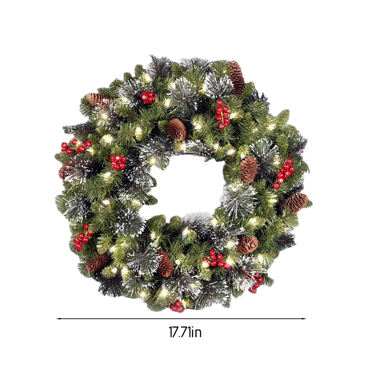 Pre-Lit Christmas Wreath with Lights Artificial Christmas Wreath Decorated with Pine Cones Berry Clusters Frosted Branches Ball Ornaments Christmas Decorations for Window Indoor & Outdoor(18")