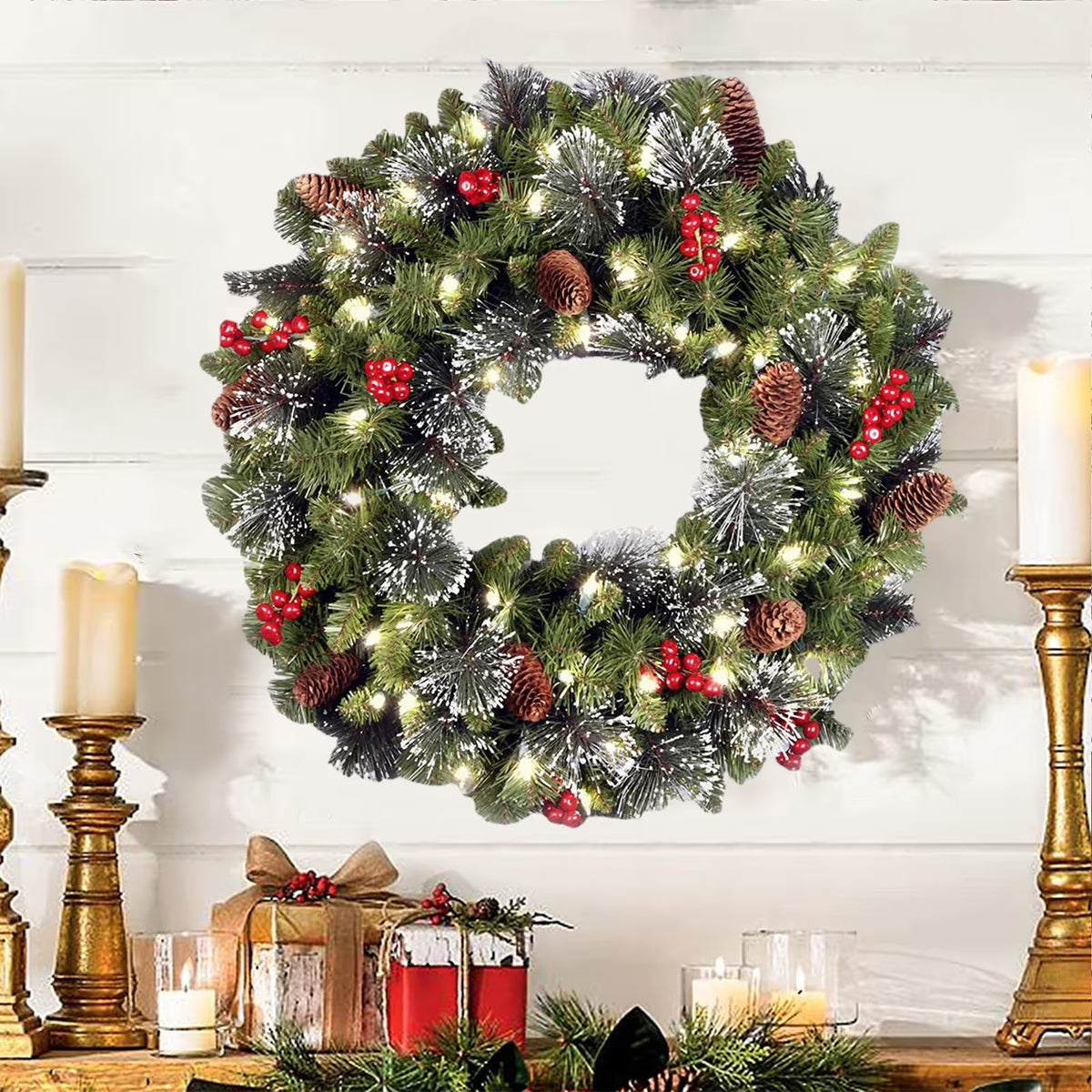 Pre-Lit Christmas Wreath with Lights Artificial Christmas Wreath Decorated with Pine Cones Berry Clusters Frosted Branches Ball Ornaments Christmas Decorations for Window Indoor & Outdoor(18")