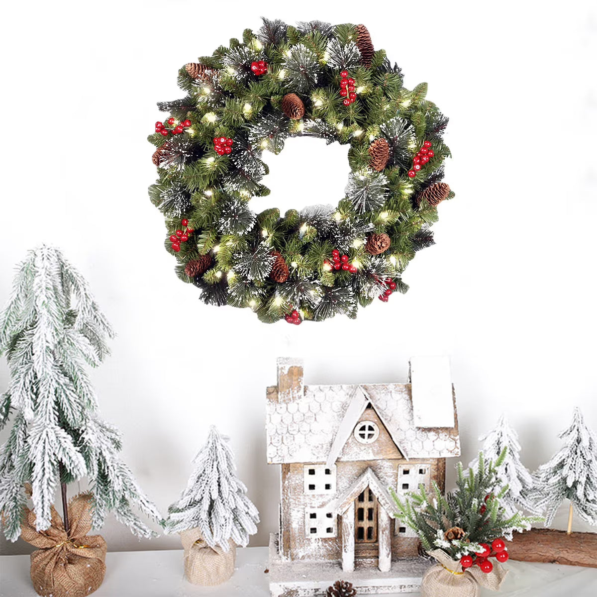 Pre-Lit Christmas Wreath with Lights Artificial Christmas Wreath Decorated with Pine Cones Berry Clusters Frosted Branches Ball Ornaments Christmas Decorations for Window Indoor & Outdoor(18")