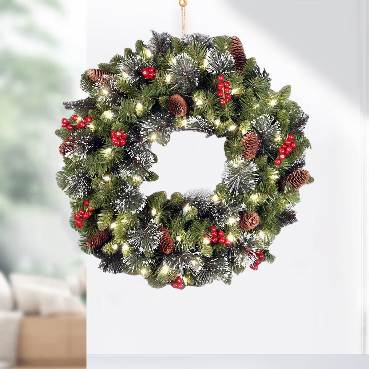 Pre-Lit Christmas Wreath with Lights Artificial Christmas Wreath Decorated with Pine Cones Berry Clusters Frosted Branches Ball Ornaments Christmas Decorations for Window Indoor & Outdoor(18")