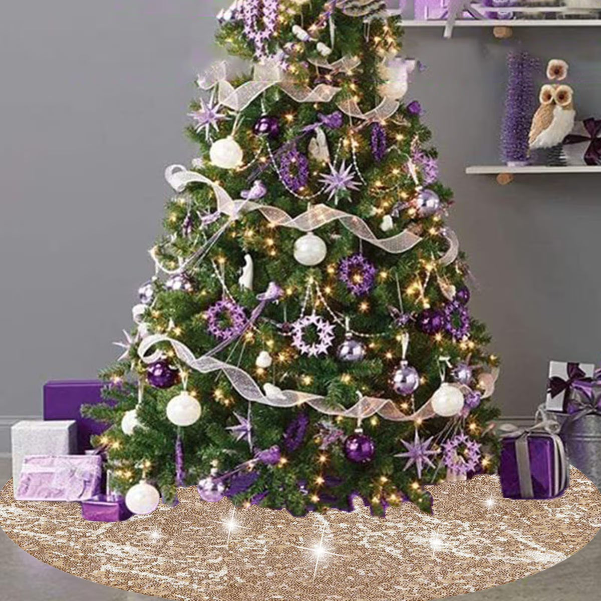 Sequin Christmas Tree Skirt 35 Inch Glitter Tree Skirt Velvet Xmas Tree Skirt for Halloween Ornaments Sparkly Tree Cover Mat Soft Fabric Tree Base Cover Large Tree Blanket Gold