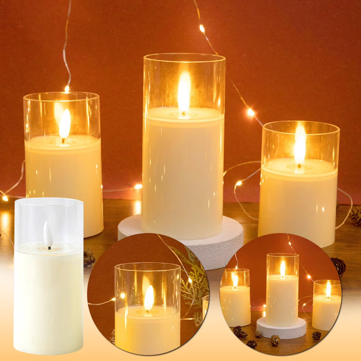 Flickering Flameless Candles, Battery Operated Candles with 3D Wick, Rechargeable Candle Real Wax White Glass, Home Decor (L)