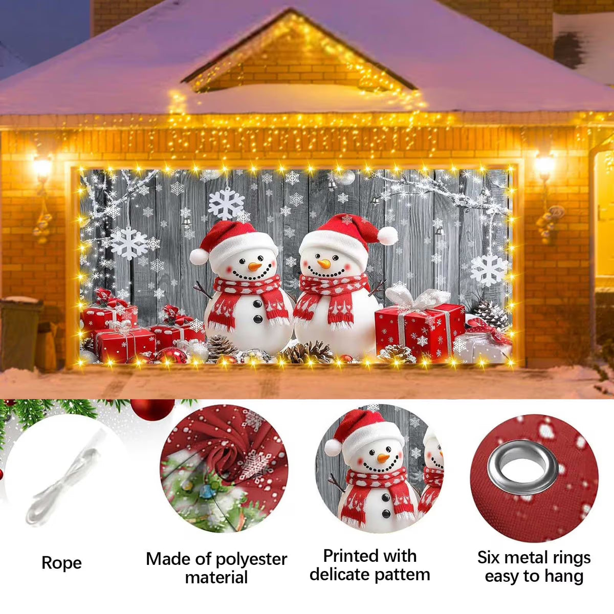 Christmas Garage Door Decorations Garage Door Banner with LED Light String 82.6 x 94.4in Large Garage Door Cover Christmas Backdrop Decoration for Xmas Holiday Winter Party (Snowman)