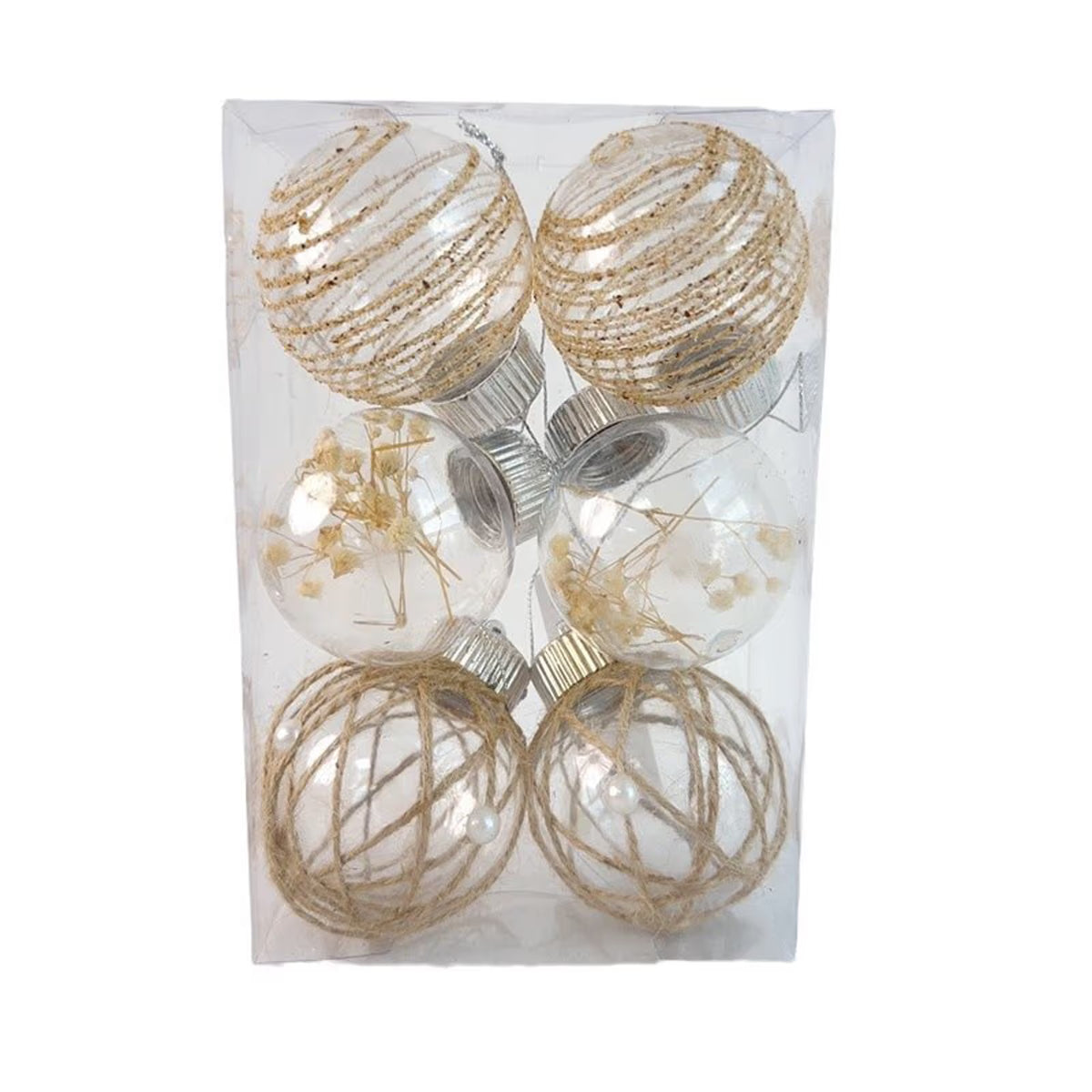 6Pcs Christmas Ball Ornaments 60mm Large Shatterproof Clear Plastic Boho Farmhouse Neutral Rustic Christmas Ornaments Hanging Christmas Tree Decorations Ornaments Set Xmas Party Home Decor