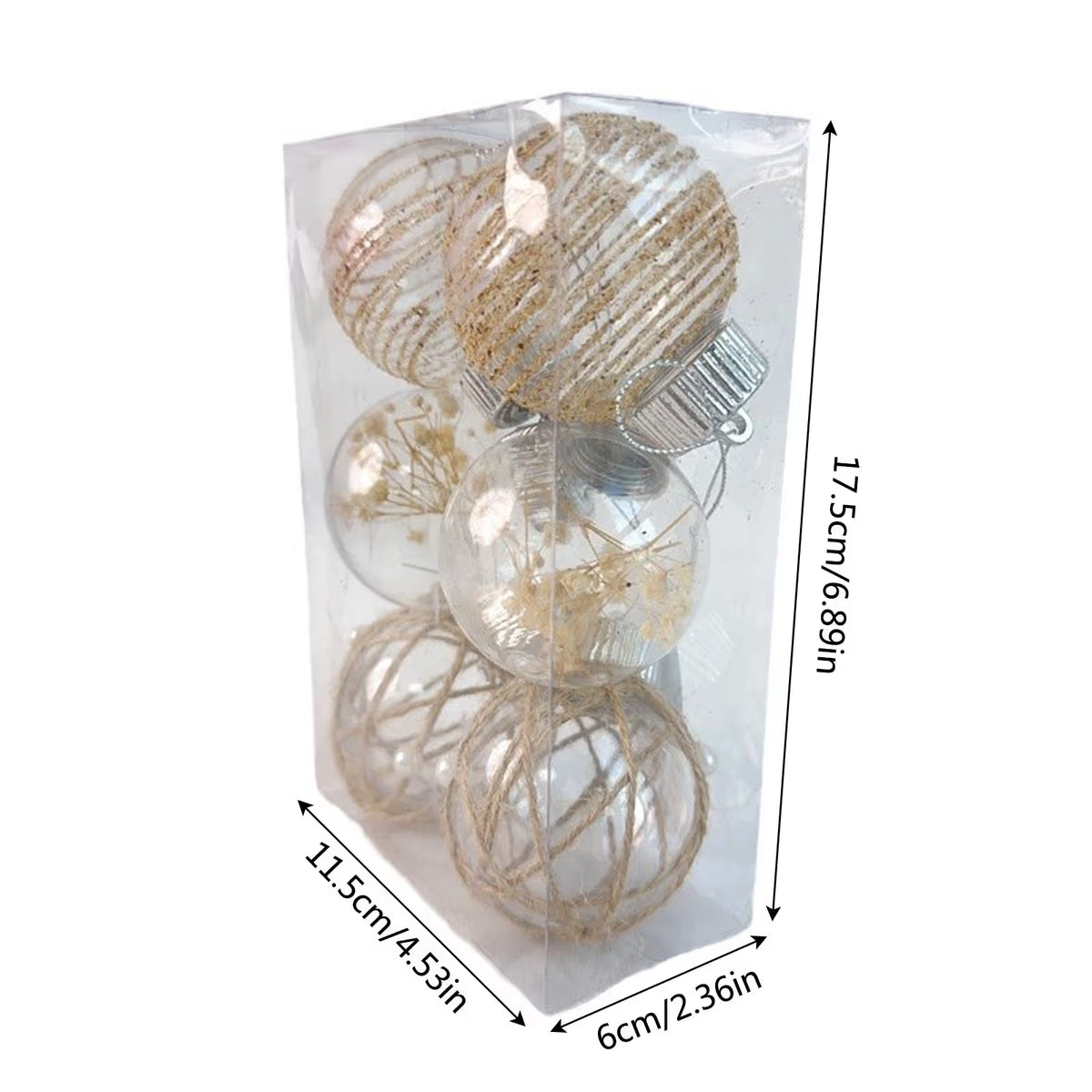 6Pcs Christmas Ball Ornaments 60mm Large Shatterproof Clear Plastic Boho Farmhouse Neutral Rustic Christmas Ornaments Hanging Christmas Tree Decorations Ornaments Set Xmas Party Home Decor