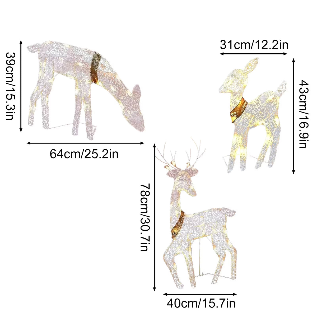3-Piece LED Lighted Christmas Deer Outdoor Yard Decorations, 3D Super Large Christmas Reindeer Decor, Outdoor Lighted Holiday Deer with 360 LED Displays for Front Yards Garden Lawn Patio