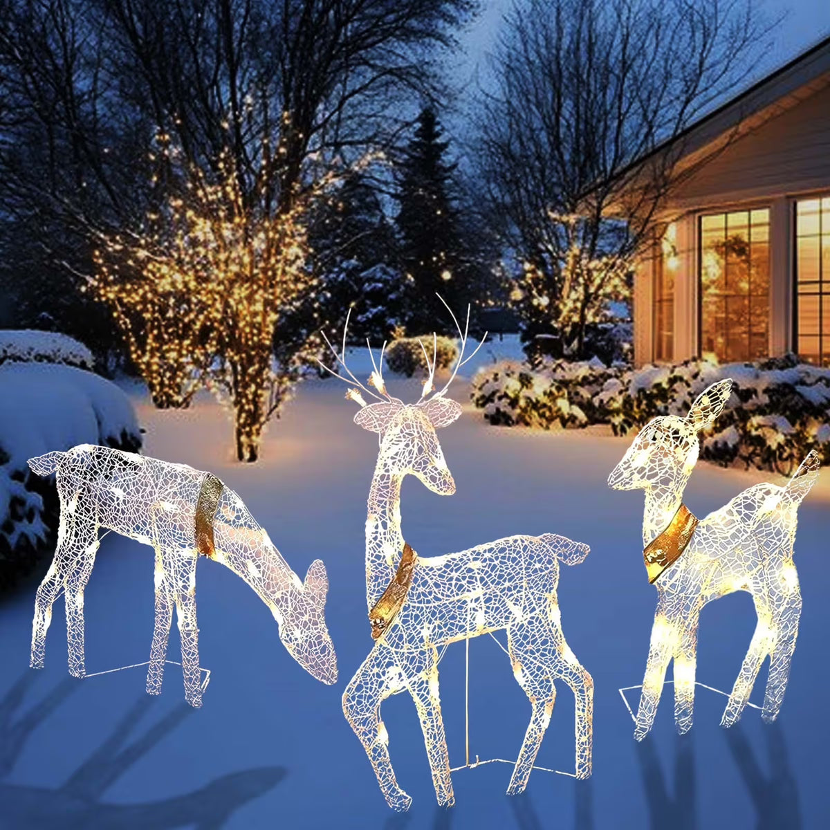 3-Piece LED Lighted Christmas Deer Outdoor Yard Decorations, 3D Super Large Christmas Reindeer Decor, Outdoor Lighted Holiday Deer with 360 LED Displays for Front Yards Garden Lawn Patio