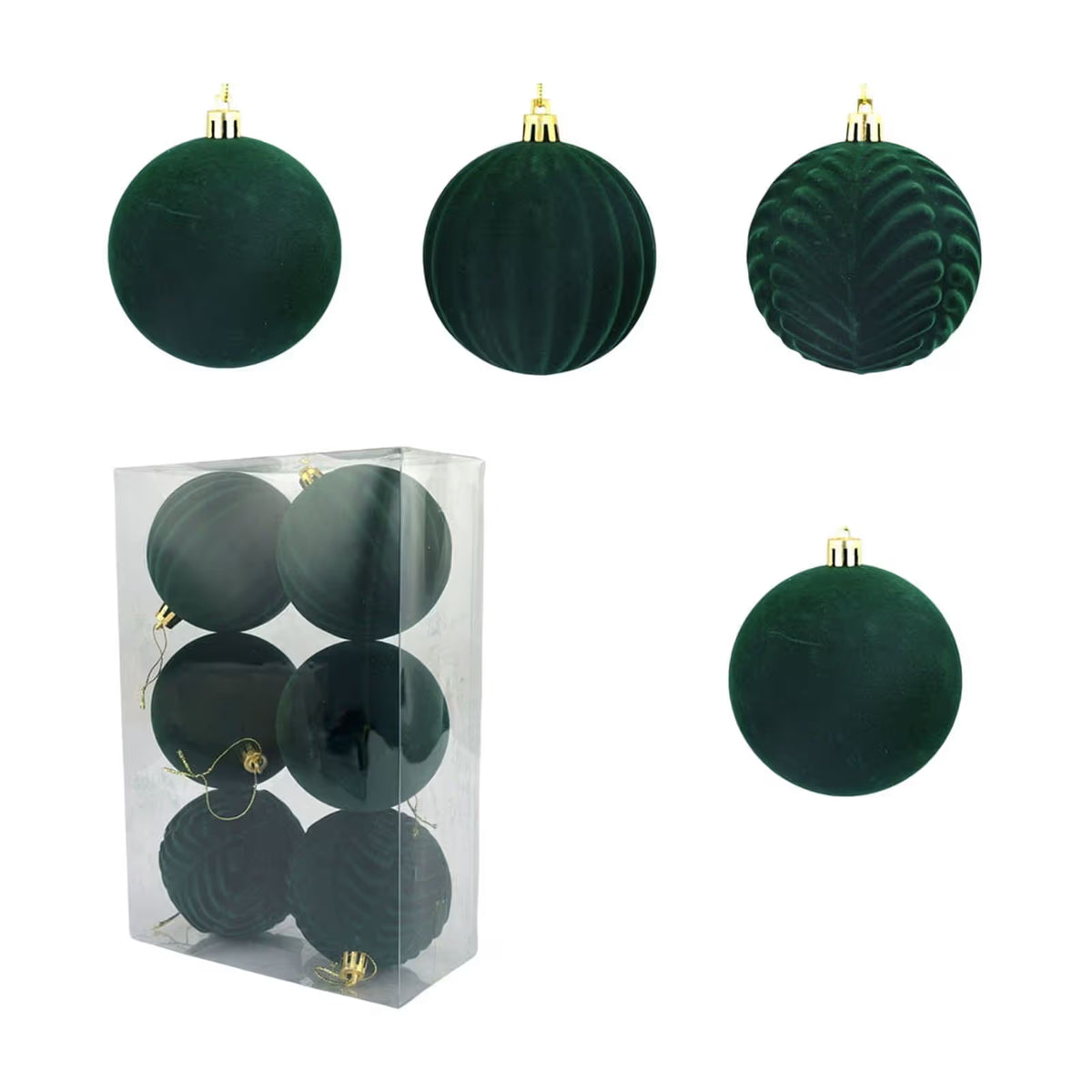 6 Pcs Large Velvet Christmas Ball Ornaments Dark Green Plastic Christmas Ornaments Set Flocked Christmas Tree Decorations for Xmas Holiday Décor (3.15", 8cm)