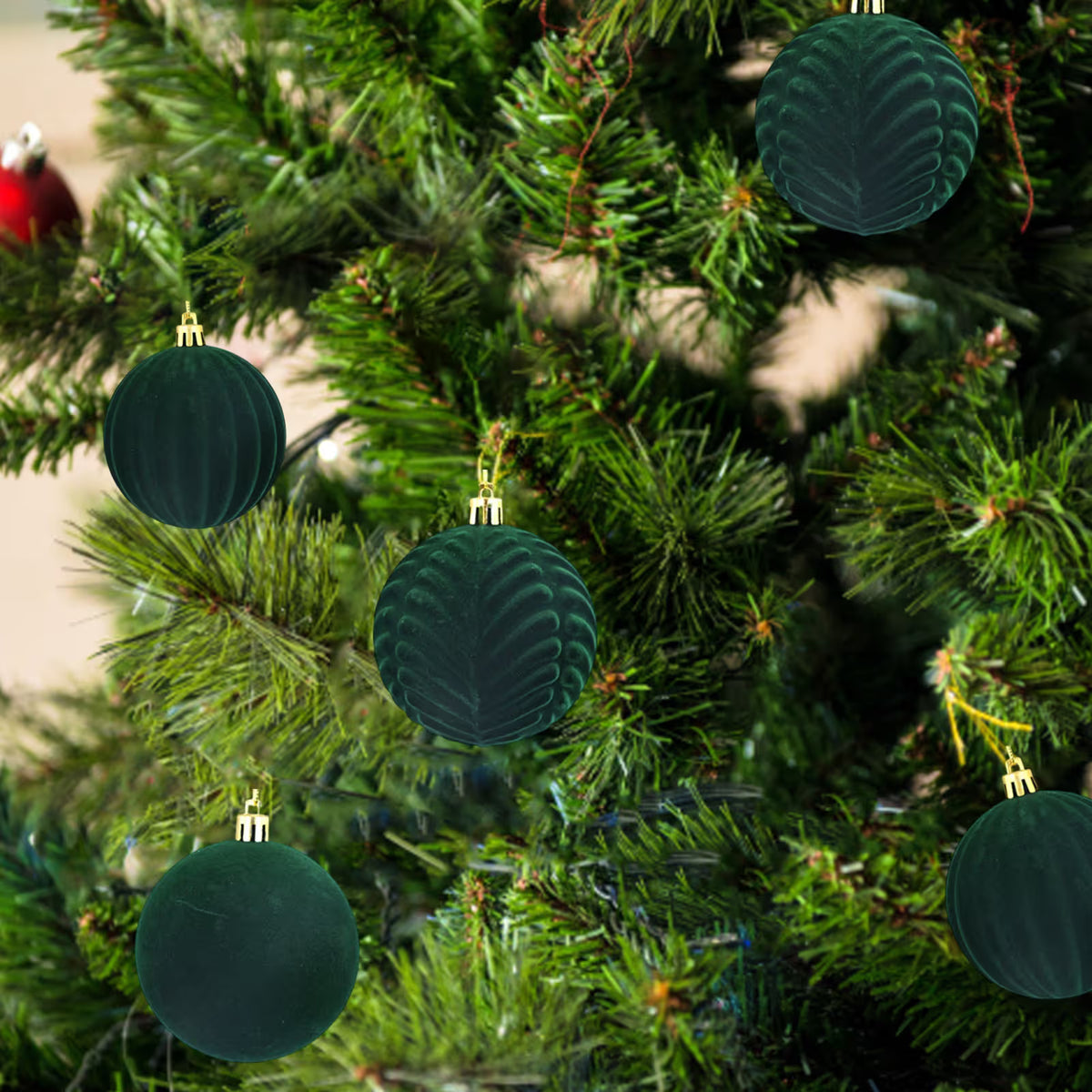 6 Pcs Large Velvet Christmas Ball Ornaments Dark Green Plastic Christmas Ornaments Set Flocked Christmas Tree Decorations for Xmas Holiday Décor (3.15", 8cm)