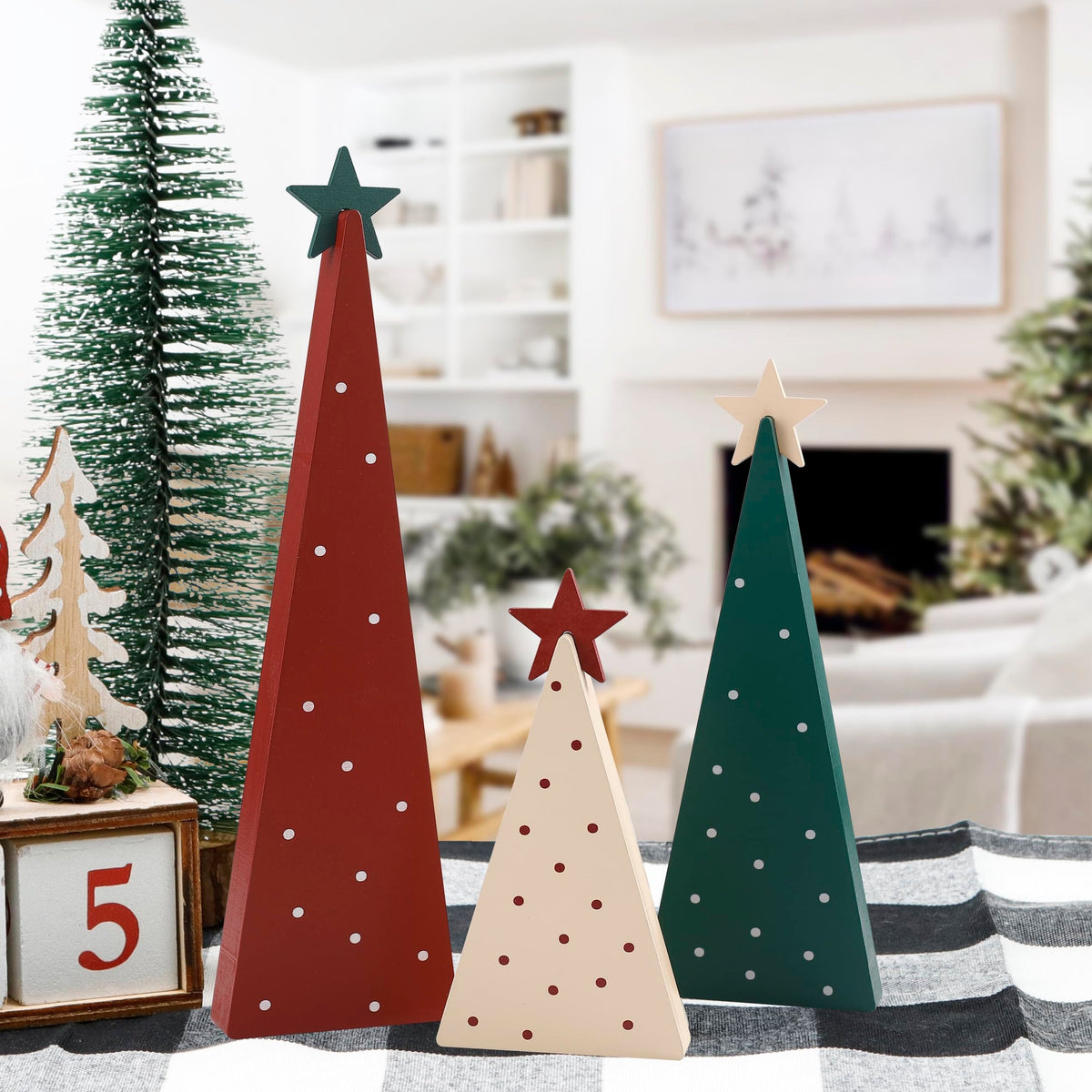Christmas Decorations-Three Sizes Wooden Tree Sign with Star-Christmas Decorations for Home Shelf Mantel Fireplace Table Party Decor（8*2.4inch，4*2.4inch，6*2.4inch）