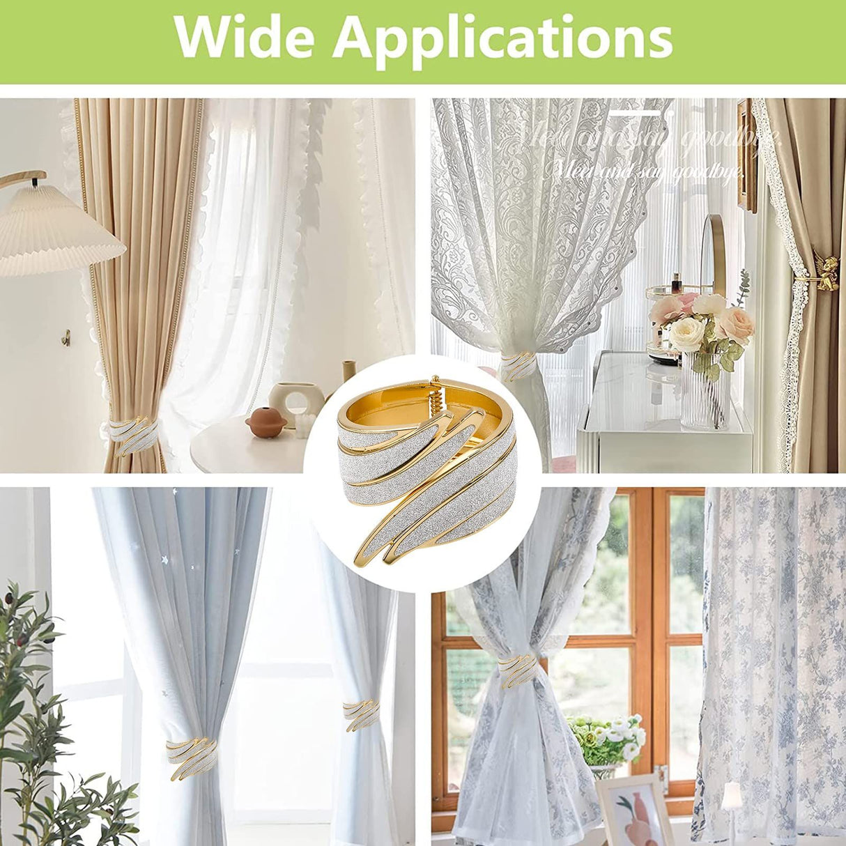 2-piece set of decorative sparkling wing curtains, lace up curtains, brushed spring clips, home office shoulder straps, gold metal
