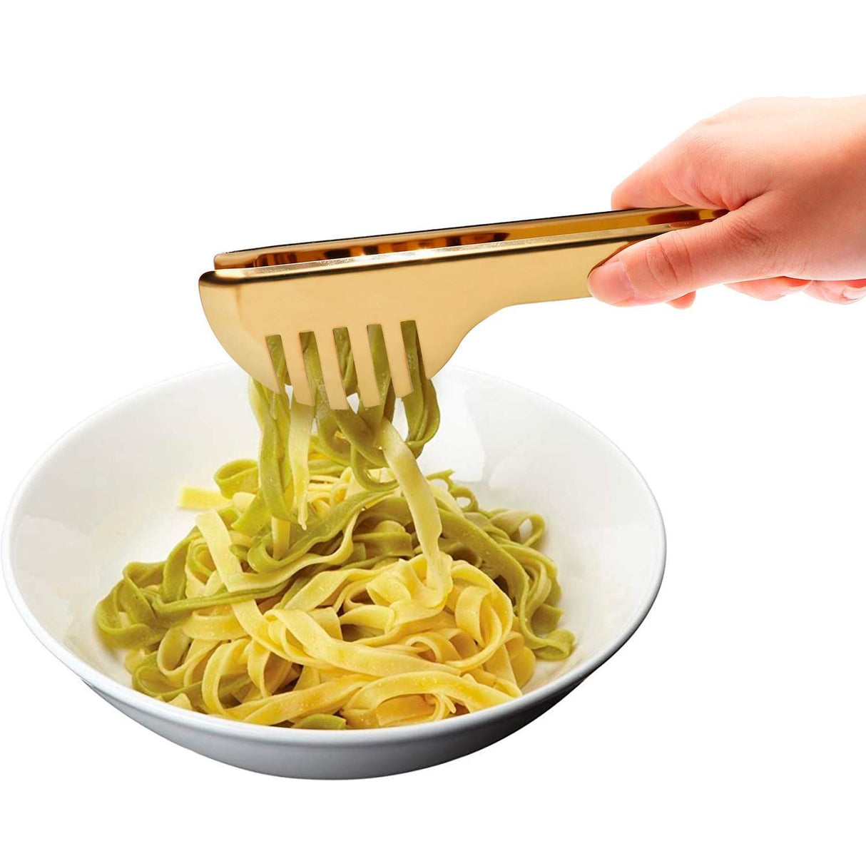 Stainless Steel Pasta Tongs, Spaghetti Tongs with Teeth, Serving Tongs for Noodles, Spaghetti, Cooking (Set of 2, Shiny Gold)