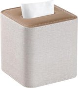 Square Linen Tissue Box Cover with Magnetic Closure, Modern PU Leather Tissue Box Holder for Bathroom Vanity Countertop Night Stands Bedroom Office Desk, Stylish Cube Tissue Holder (Hemp oak)