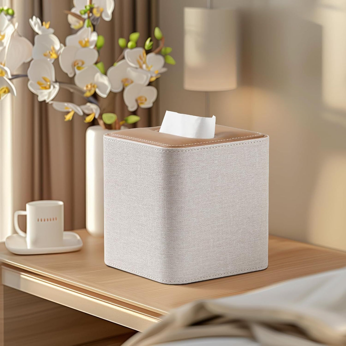 Square Linen Tissue Box Cover with Magnetic Closure, Modern PU Leather Tissue Box Holder for Bathroom Vanity Countertop Night Stands Bedroom Office Desk, Stylish Cube Tissue Holder (Hemp oak)
